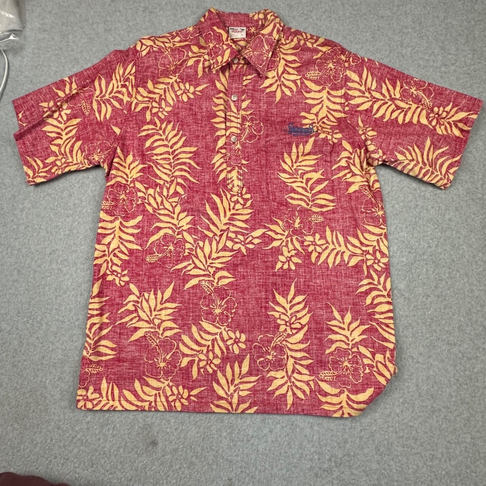 Go Barefoot XL Red Yellow Hawaiian Shirt Skewers Brew Pub Made in USA‎ Cotton